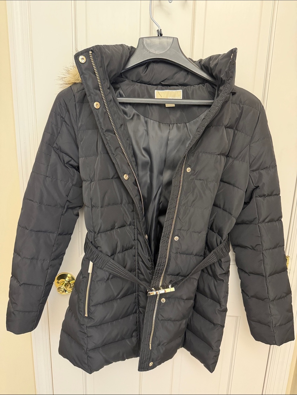 Black Quilted Puffer Coat with Belt and Faux-Fur Trim hood
